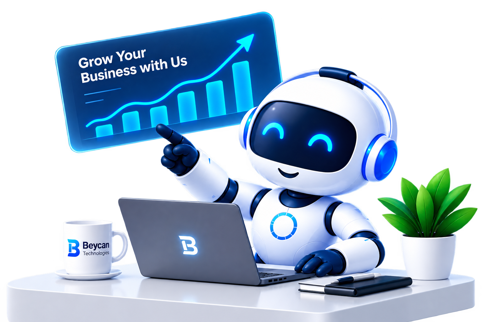Beycan robot pointing to a business growth chart