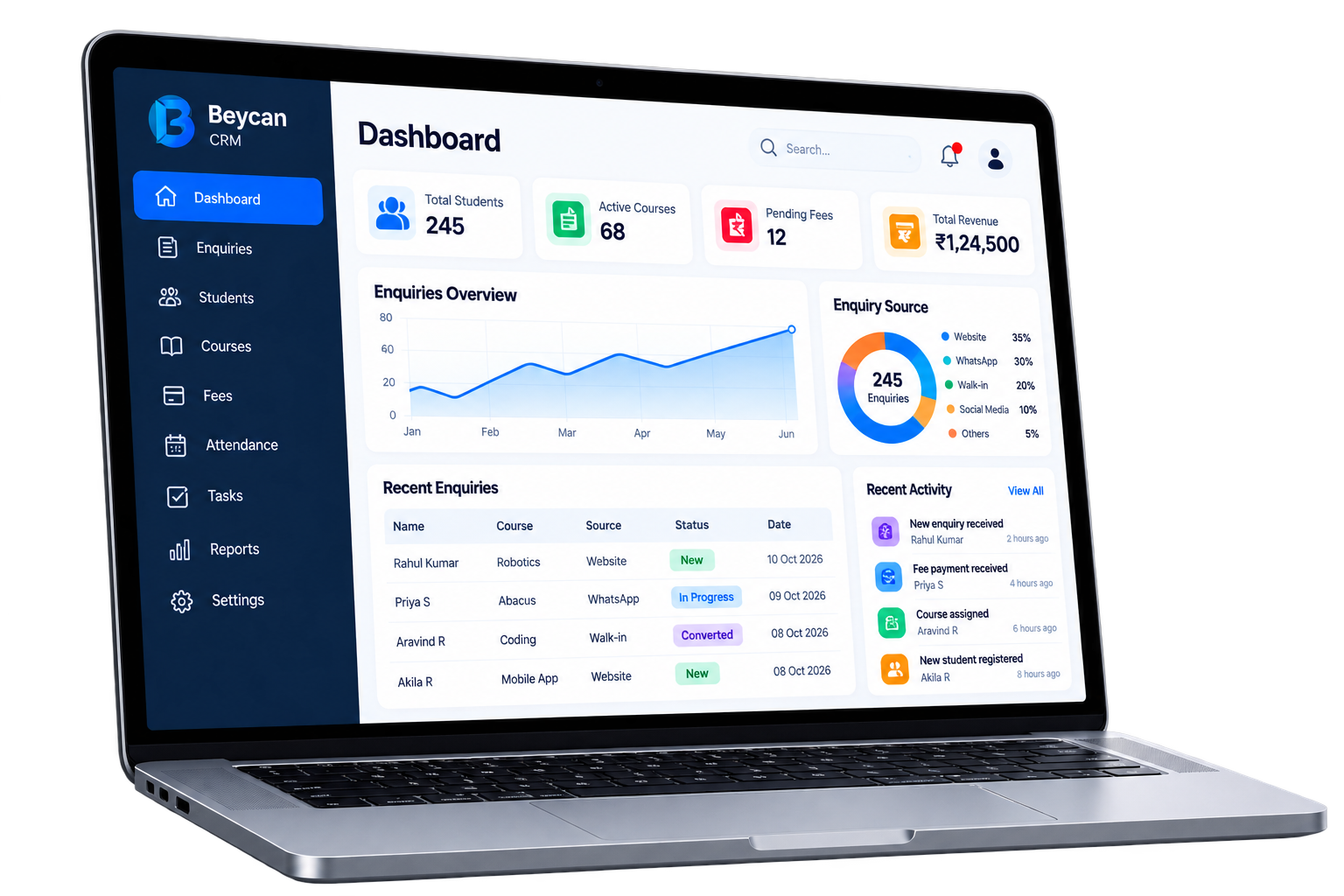Custom CRM dashboard on laptop