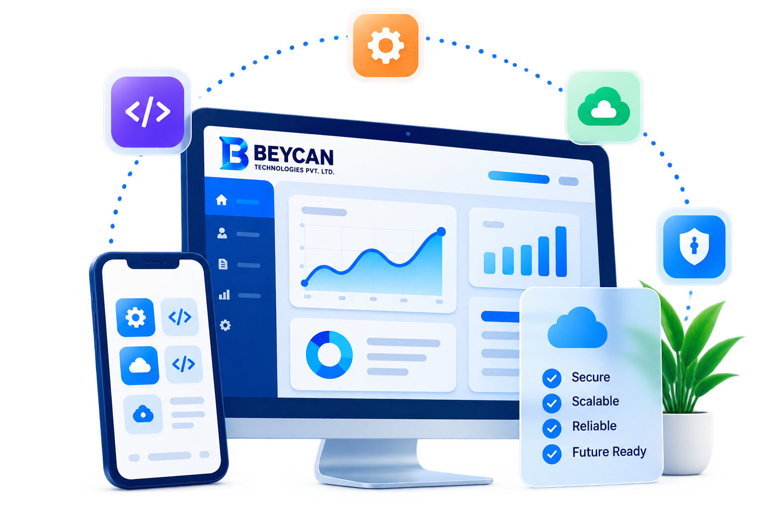 Beycan Technologies dashboard, mobile app and cloud illustration